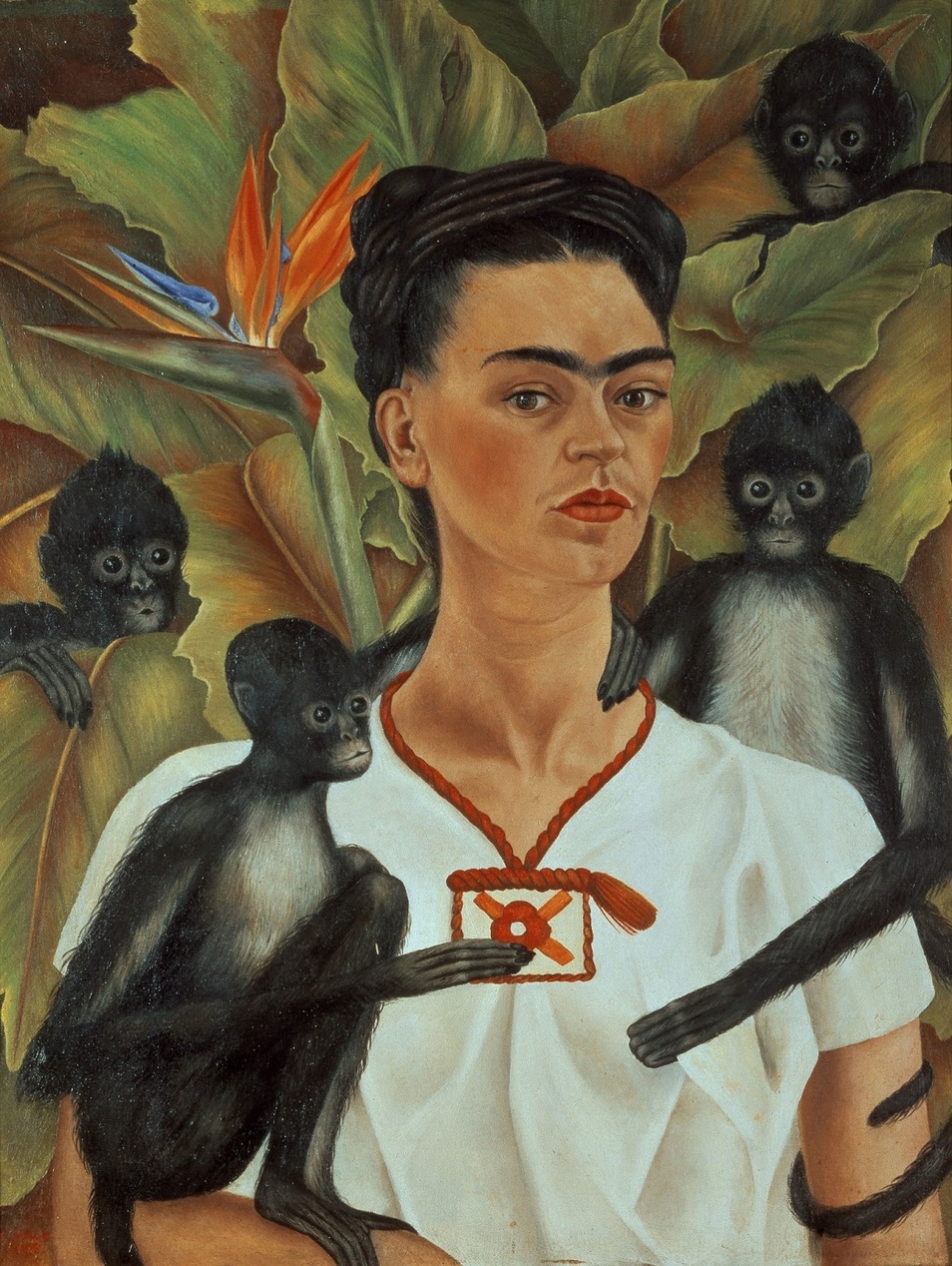 Frida Kahlos självporträtt omgiven av apor och tropiska växter, representerande hennes koppling till naturen.