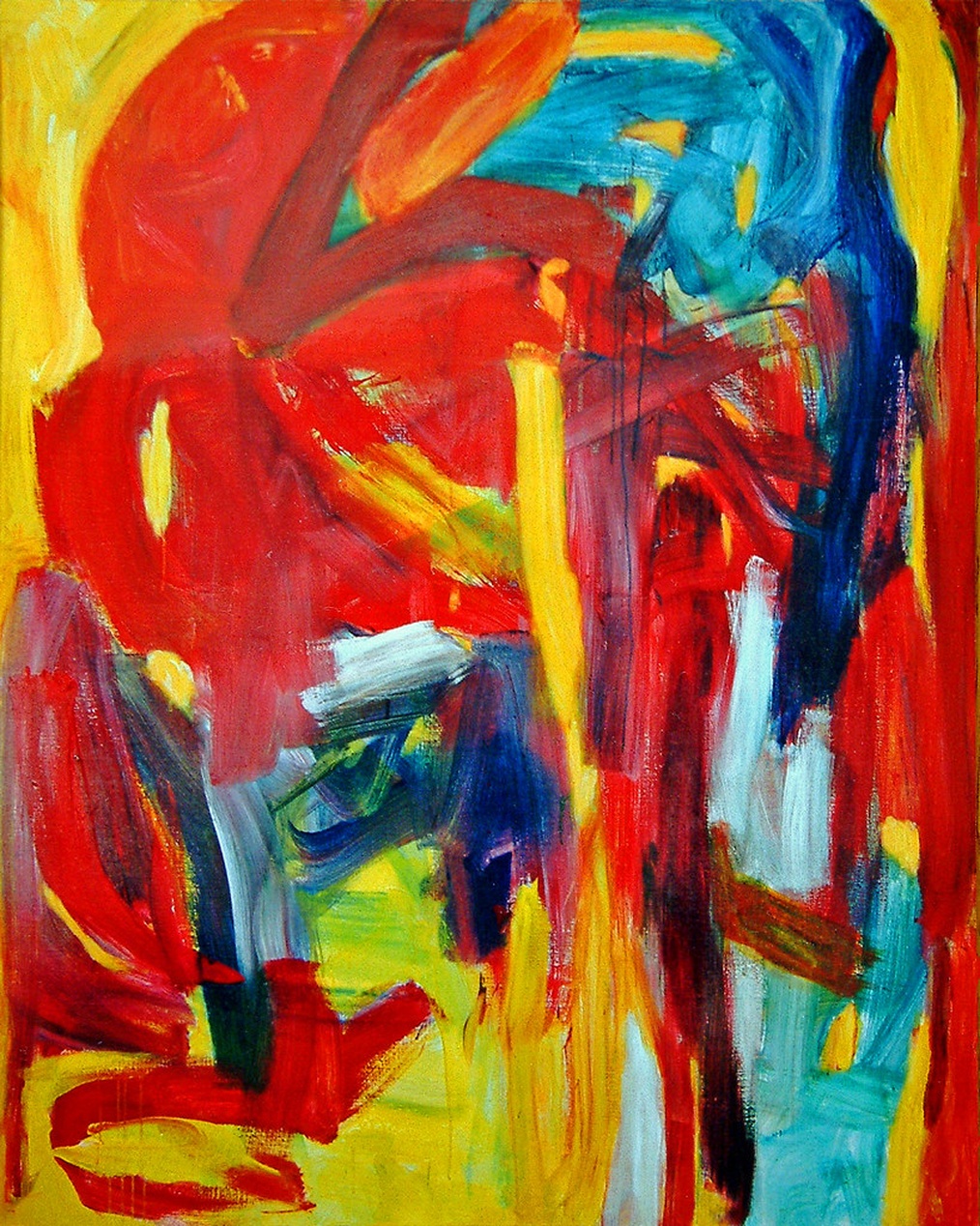 En vibrerande abstrakt expressionistisk målning dominerad av djärva röda penseldrag mot gula och blå sektioner.
