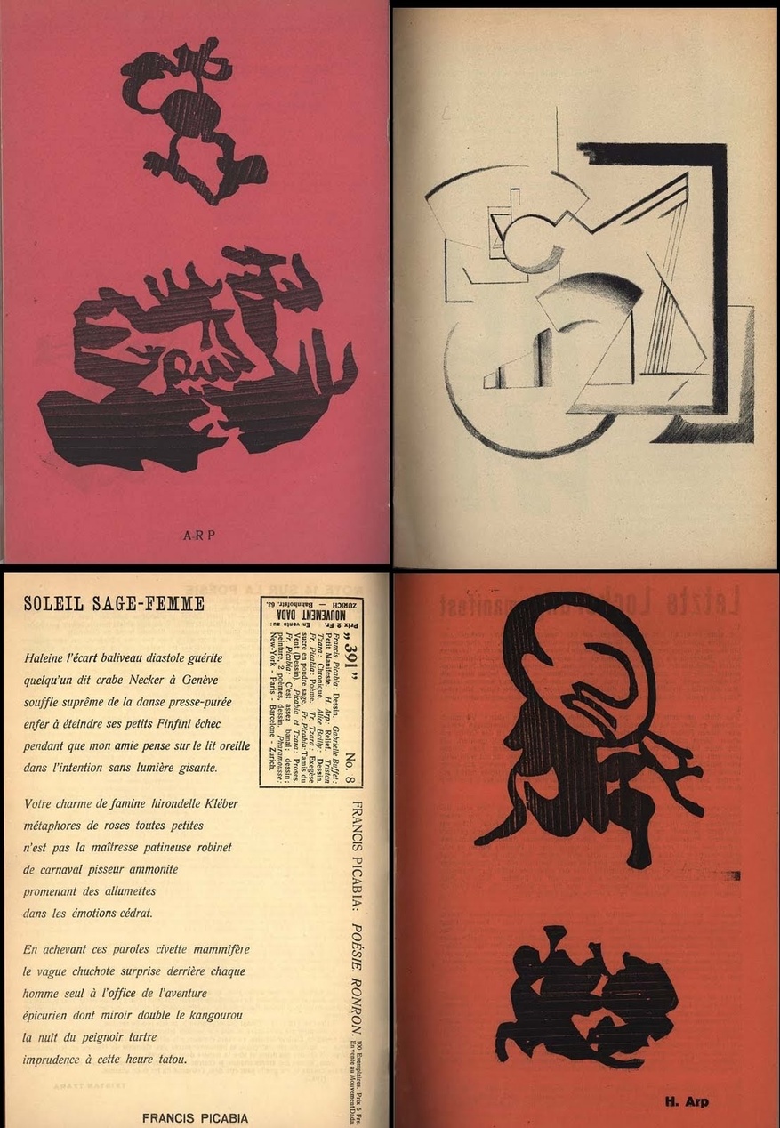 En samling av fyra sidor från Dada-rörelsens publikationer med abstrakta konstverk av Jean Arp (specifikt krediterad längst ner på bilderna), geometriska abstraktioner och experimentell poesi av Francis Picabia. Den distinkta röd-svarta färgskalan och okonventionella typografin är karakteristisk för Dada-publikationer från 1910-20-talet och visar rörelsens intresse för slump, abstraktion och litterär experimentlusta.