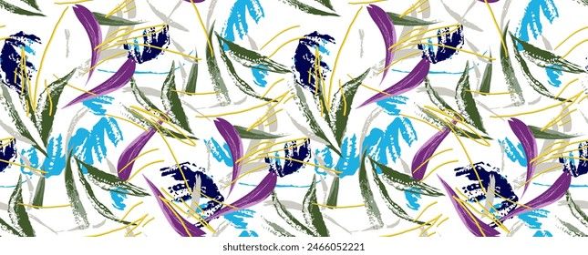 Abstrakt mönster med penseldrag i lila, blått, grönt och gult på vit bakgrund.